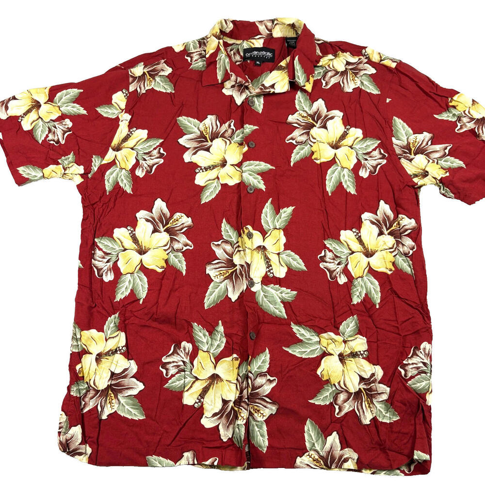 Ocean Pacific Mens Hawaiian Floral Shirt Red Yellow Rayon XL Vintage Y2K Surf